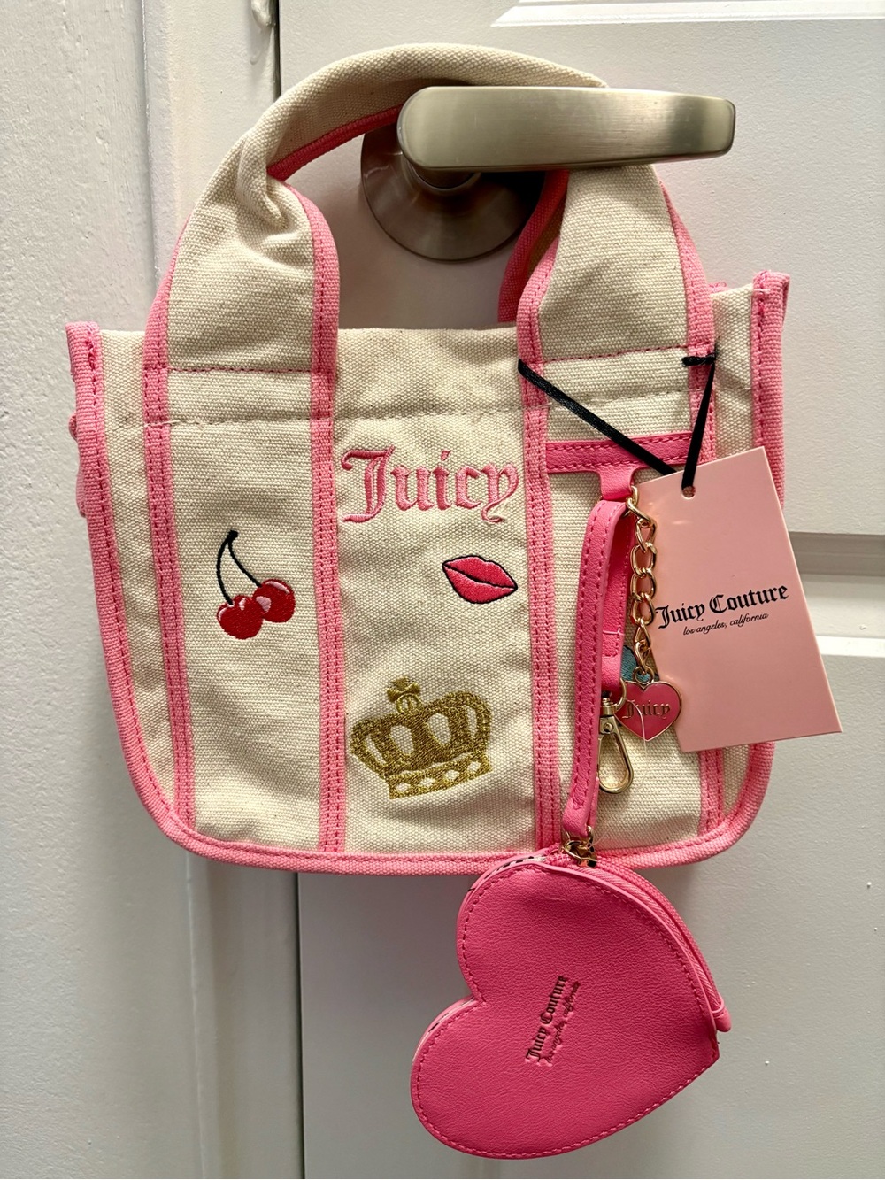 Juicy Couture Cream Canvas Tote with Pink Trim and Heart Coin Purse